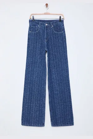 Trendyol Blue Textured High Waist Wide Leg Jeans