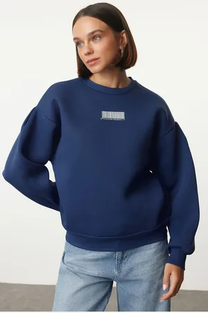 Trendyol Indigo Thick Inside Fleece Minimal Printed Balloon Sleeve Knitted Sweatshirt