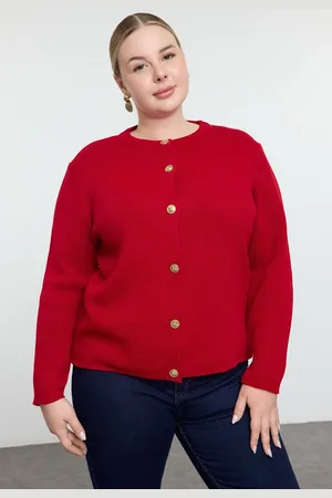 Trendyol Curve Red Crew Neck Buttoned Knitwear Cardigan