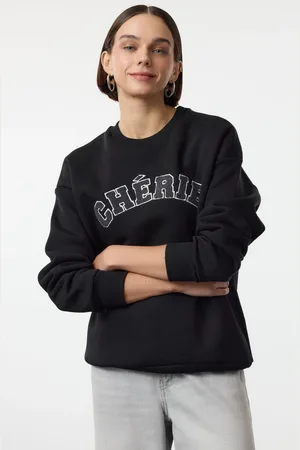 Trendyol Black Thick Polar Fleece Oversize/Relaxed Cut Slogan Embroidered Knitted Sweatshirt
