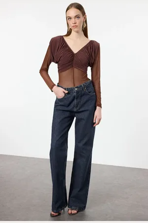 Trendyol Brown V Neck Tulle Knitted Bodysuit