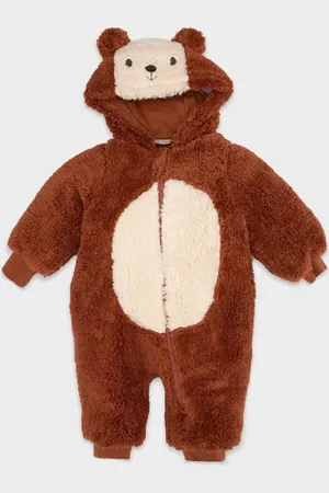 DeFacto Baby Boy Newborn Brown Zippered Plush Jumpsuit with Hat