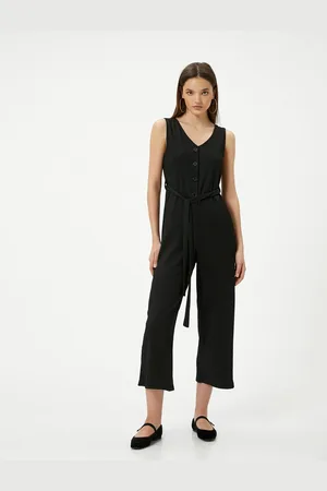 Koton Jumpsuit V-Neck Buttoned Wide Leg Sleeveless Belt Detailed
