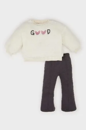 DeFacto Baby Girl 2-Piece Set Crew Neck Printed Sweatshirt Bell Bottom