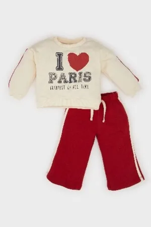 DeFacto Baby Girl 2-Piece Set Crew Neck Printed Sweatshirt Elastic Waist Tracksuit Bottoms