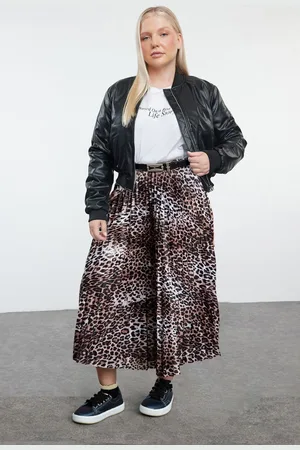 Trendyol Curve Multi-Colored Elastic Waist Leopard Patterned Pleated Woven Plus Size Skirt