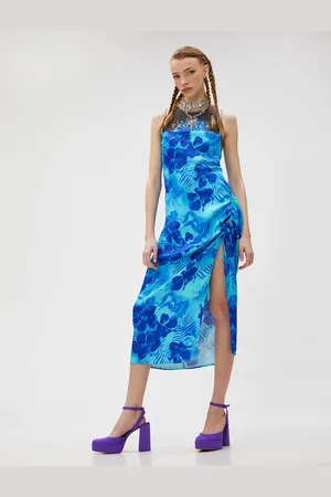 Koton Floral Slit Midi Dress with Cross Back Thin Straps Straight Collar