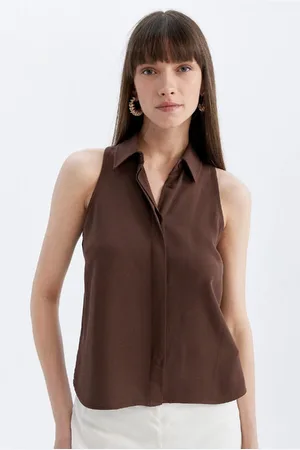 DeFacto Regular Fit Shirt Collar Linen Blend Sleeveless Blouse