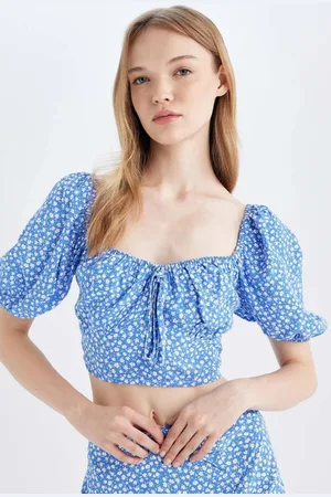 DeFacto Fitted Round Neck Printed Moroccan Short Sleeve Blouse