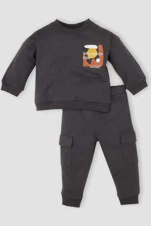 DeFacto Baby Boy 2-Piece Set Crew Neck Printed Sweatshirt Elastic Waist Cargo Pocket Tracksuit Bottoms