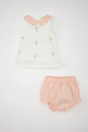 DeFacto Baby Girl 2-Piece Set Embroidered Sleeveless Blouse Top Linen Panties Bottom
