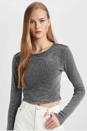 DeFacto Fitted Crew Neck Long Sleeve Washed Faded Effect T-Shirt