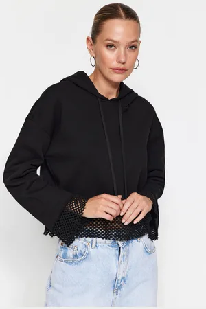Trendyol Black Thick Inner Fleece Mesh Detailed Hooded Comfort Fit Crop Knitted Sweatshirt