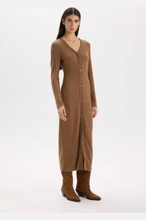 DeFacto Bodycon Bodycon Basic Plain V Neck Buttoned Ribbed Camisole Midi Long Sleeve Dress