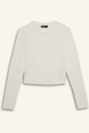 DeFacto Coool Fitted Crew Neck Rib Basic Solid Long Sleeve White T-Shirt