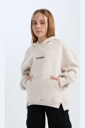DeFacto Girl Oversize Wide Pattern Hooded Printed Soft Furry Thick Sweatshirt