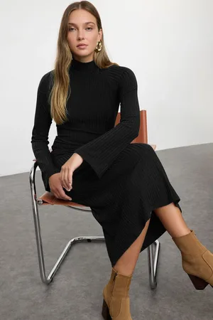 Trendyol Black Straight Slit Midi Fitted/Fits Body Elastic Ribbed Knit Dress