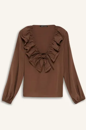 DeFacto Regular Fit Ruffle V Neck Basic Plain Long Sleeve Blouse