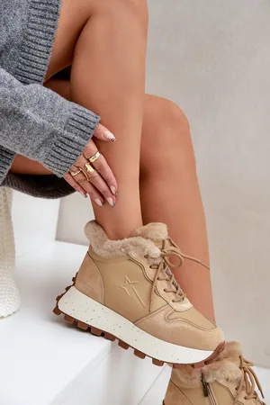 Big Star Kožené Sneakersy Trapery Dámské S Kožíškem Na Platformě Big Star