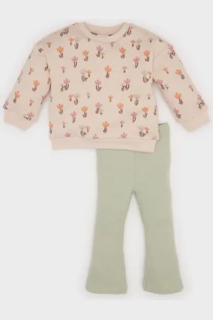 DeFacto Baby Girl 2-Piece Set Crew Neck Floral Quilted Sweatshirt Bell-bottom Leggings
