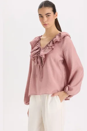 DeFacto Regular Fit Ruffle V Neck Basic Plain Long Sleeve Blouse