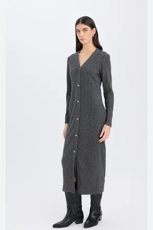 DeFacto Bodycon Bodycon Basic Plain V Neck Buttoned Ribbed Camisole Midi Long Sleeve Dress