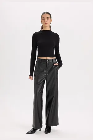 DeFacto Culotte High Waist Wide Leg Faux Leather Pants with Pockets