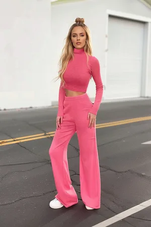 Trendyol Fuchsia High Collar Soft Crop and Wide Leg Knitted Bottom-Top Set