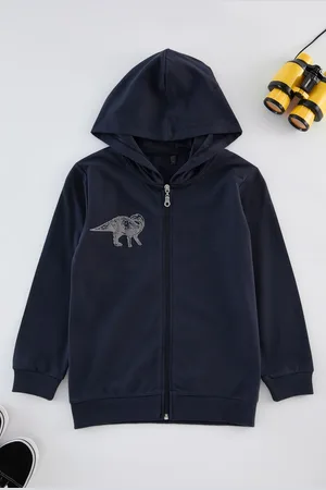 Trendyol Navy Blue Boy Printed Hooded Zippered Cotton Knitted Cardigan