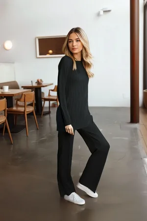 Trendyol Black Slit Blouse Palazzo Bottom Ribbed Stretchy Knitted Bottom-Top Suit