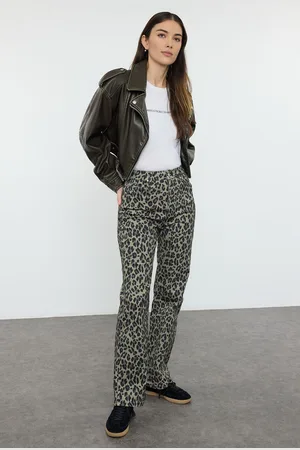 Trendyol Khaki Leopard Print High Waist Straight Jeans
