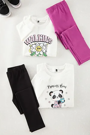Trendyol White-Multicolored 4-Piece Girls Floral Knitted Bottom-Top Set
