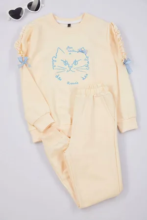 Trendyol Beige Girl Cat Patterned Pajama Set Knitted Top-Bottom Set
