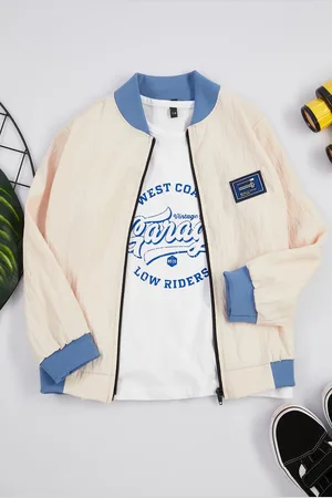 Trendyol Beige 2-Piece Boy Slogan Printed T-shirt-Jacket Set Cotton Knitted Bottom-Top Set