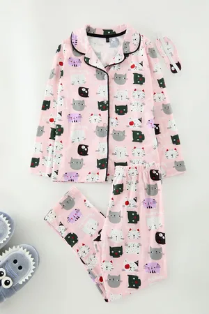 Trendyol Powder Girl Printed Pajama Set Knitted Bottom-Top Set