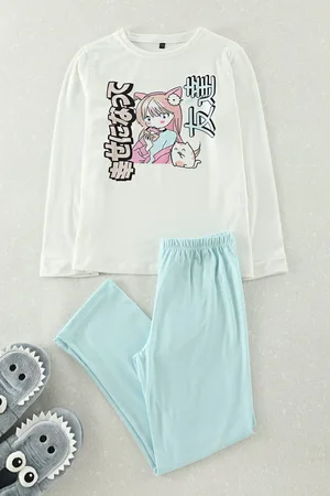 Trendyol Ecru Girls Printed Pajama Set Knitted Bottom-Top Set