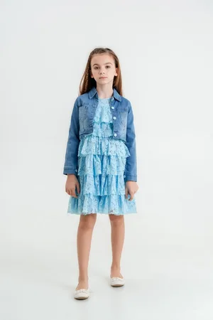 Trendyol Blue Girl Denim Jacket Ruffle Dress Set
