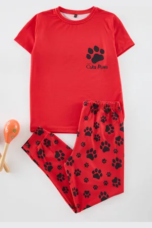 Trendyol Red Boy Printed Pajama Set Cotton Knitted Top-Bottom Set
