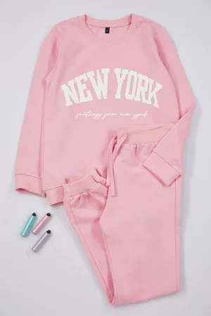 Trendyol Pink Girl Seasonal-Thin Slogan Printed Cotton Knitted Bottom-Top Set