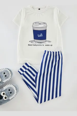 Trendyol Navy Blue Boy Striped Printed Pajama Set Cotton Knitted Top-Bottom Set