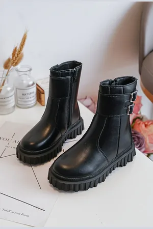 HERS Dětské kožené boty s kovovými spony Černá Chloraia