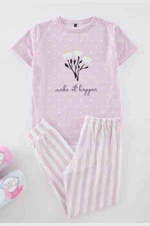 Trendyol Lilac Girls Printed Pajama Set Knitted Top-Bottom Set