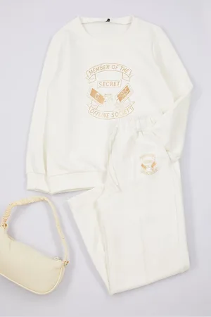 Trendyol Ecru Girl Slogan Knitted Bottom-Top Set