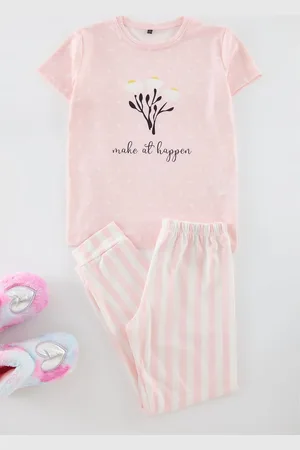 Trendyol Powder Girl Flower Printed Pajama Set Knitted Bottom-Top Set