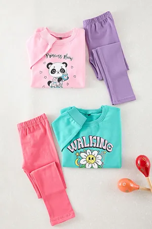 Trendyol Pink-Mint 4-Piece Girls Floral Knitted Bottom-Top Set