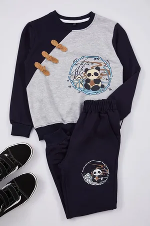 Trendyol Navy Blue Boy Seasonal-Thin Teddy Bear Printed Knitted Bottom-Top Set