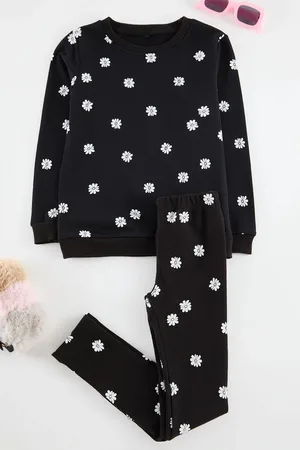 Trendyol Black Floral Knitted Bottom-Top Set