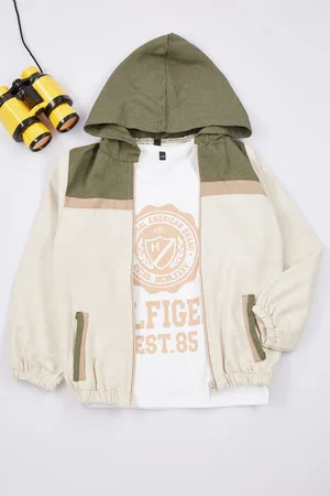 Trendyol Beige*001 2-Piece Boy Slogan Printed T-shirt-Jacket Set Cotton Knitted Bottom-Top Set