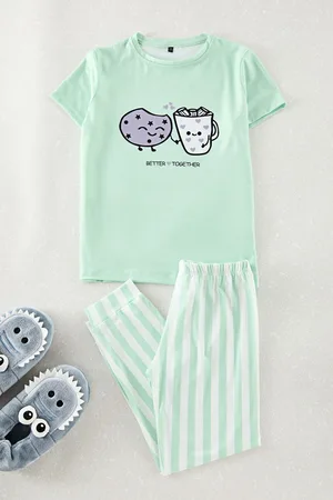Trendyol Mint Girls Printed Pajama Set Knitted Bottom-Top Set