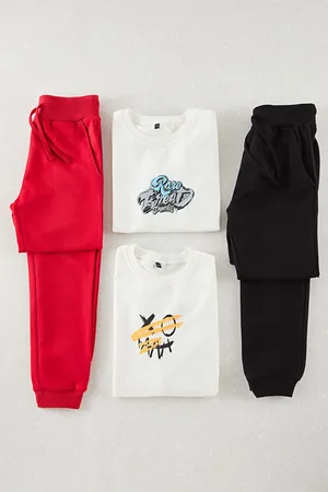 Trendyol White-Multicolored 4-Piece Boy Back Printed Knitted Bottom-Top Set
